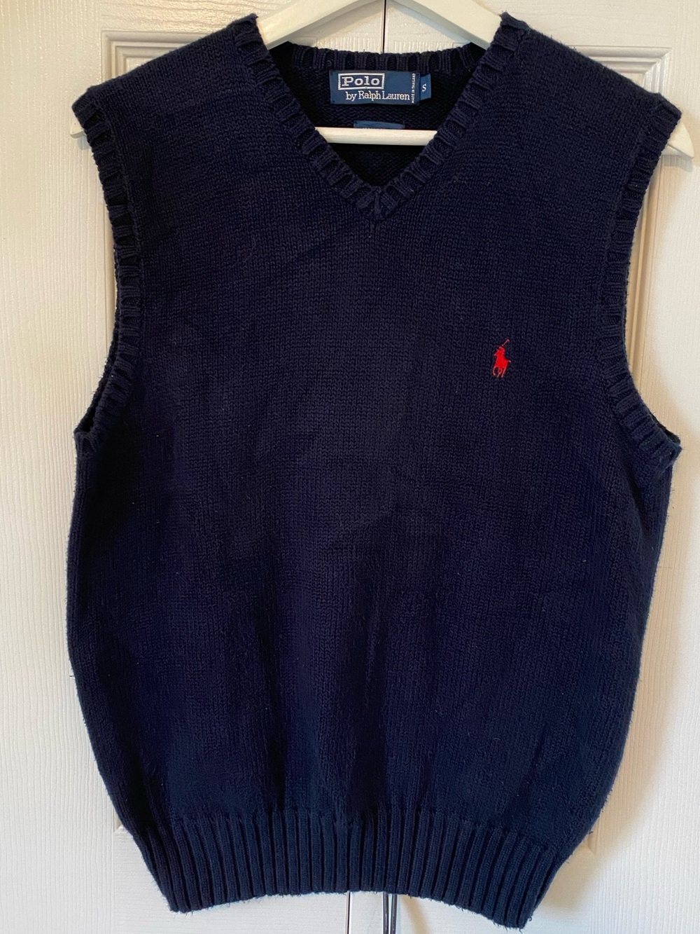 Polo by Ralph Lauren Vintage Navy V-Neck Cotton Sweater Vest Red Polo Pony Smal